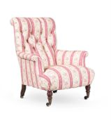 A VICTORIAN WALNUT AND BUTTON UPHOLSTERED ARMCHAIR, BY HOWARD & SONS