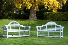 A PAIR OF PAINTED HARDWOOD GARDEN BENCHESAFTER DESIGNS, BY SIR EDWIN LUTYENS, 20TH CENTURY
