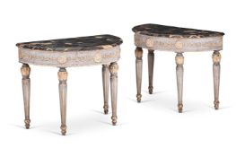 A PAIR OF CONTINENTAL GILTWOOD AND PAINTED PIER OR SIDE TABLES, PROBABLY ITALIAN, 19TH CENTURY