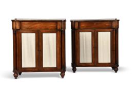 A PAIR OF MAHOGANY INLAID AND BRASS MOUNTED SIDE CABINETS, IN REGENCY STYLE