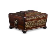Y A GEORGE IV ROSEWOOD AND BRASS MARQUETRY JEWELLERY AND WRITING BOX, BY ROBERT DALTON