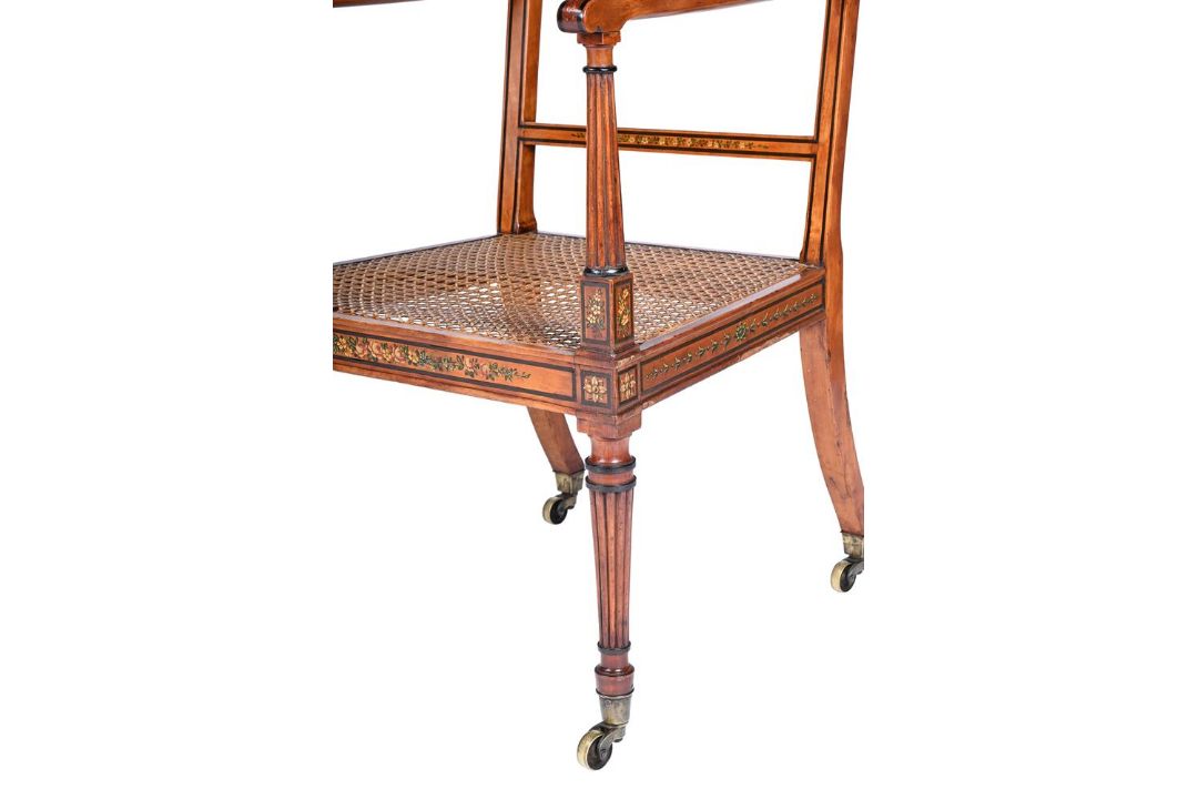 Y A PAIR OF GEORGE III SATINWOOD, EBONY BANDED AND POLYCHROME PAINTED ARMCHAIRS - Image 5 of 5