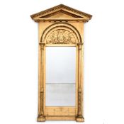 A LARGE SWEDISH EMPIRE CARVED GILTWOOD AND COMPOSITION MIRROR, CIRCA 1825