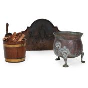 A CAST IRON FIREBACK, TOGETHER WITH A COPPER AND BRASS BUCKET AND ANOTHER BUCKET