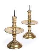 A LARGE PAIR OF BRASS PRICKET CANDLESTICKS, LOW COUNTRIES, EARLY 17TH CENTURY