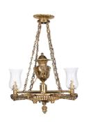 A LATE REGENCY GILT BRASS COLZA OR ARGAND TWIN LIGHT CHANDELIER, BY M RETTIE & SON, CIRCA 1820