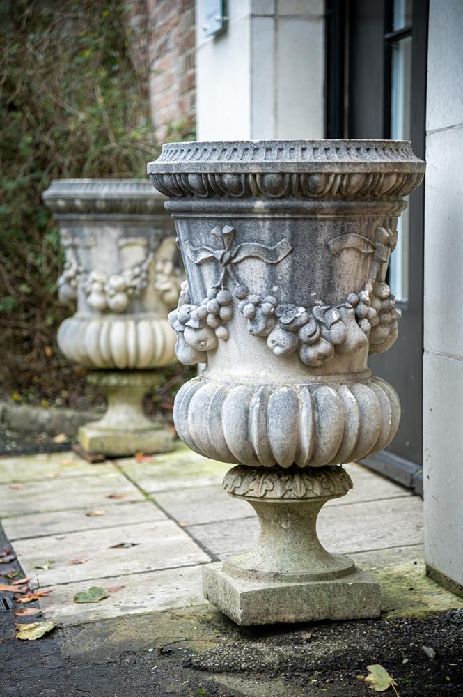 A PAIR OF STONE COMPOSITION VASES, 20TH CENTURY