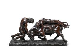 A LARGE MYTHOLOGICAL BRONZE 'LYGIA AND THE BULL WITH VINICIUS', 20TH CENTURY
