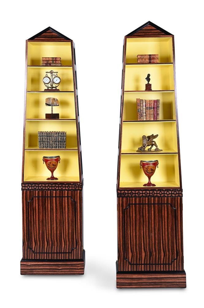 A PAIR OF COROMANDEL AND PAINTED 'OBELISK' OPEN BOOKCASES, OF RECENT MANUFACTURE - Image 2 of 3