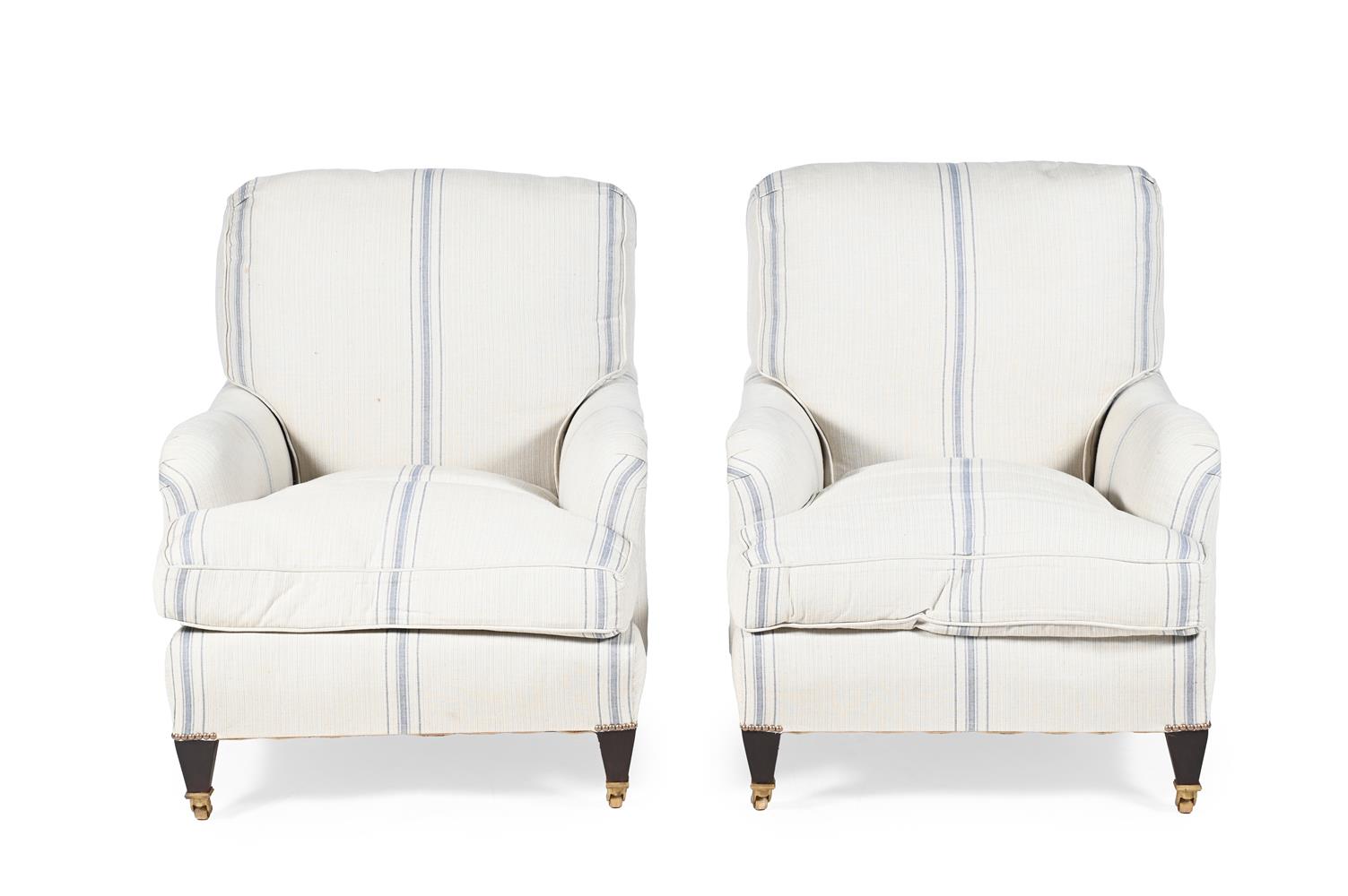 A PAIR OF BEECH AND UPHOLSTERED 'SAVERNAKE' ARMCHAIRS, IN THE MANNER OF HOWARD AND SONS, MODERN - Image 2 of 3