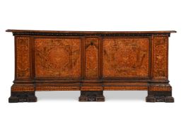 AN ITALIAN WALNUT, OLIVEWOOD AND MARQUETRY DECORATED CASSONE,17TH CENTURY