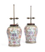 A PAIR OF CHINESE FAMILLE ROSE LAMP BASES, MID 19TH CENTURY AND LATER