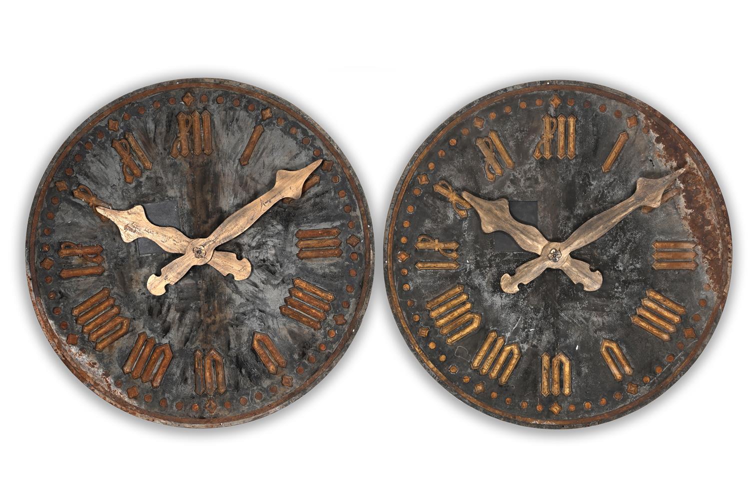 TWO VERY LARGE FRENCH TOWER CLOCK FACES OR DIALS, 19TH CENTURY