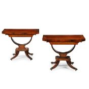Y A FINE PAIR OF REGENCY ROSEWOOD AND BRASS MARQUETRY CARD TABLES, ALMOST CERTAINLY BY GILLOWS