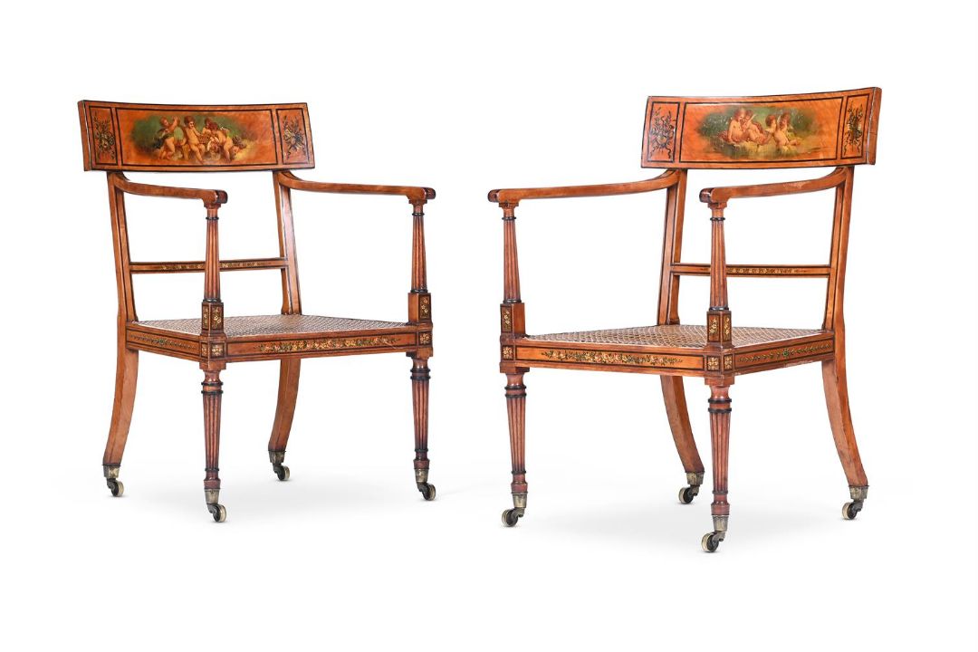 Y A PAIR OF GEORGE III SATINWOOD, EBONY BANDED AND POLYCHROME PAINTED ARMCHAIRS - Image 1 of 5