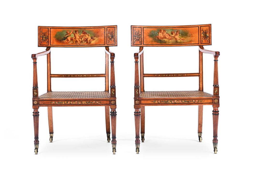 Y A PAIR OF GEORGE III SATINWOOD, EBONY BANDED AND POLYCHROME PAINTED ARMCHAIRS - Image 2 of 5