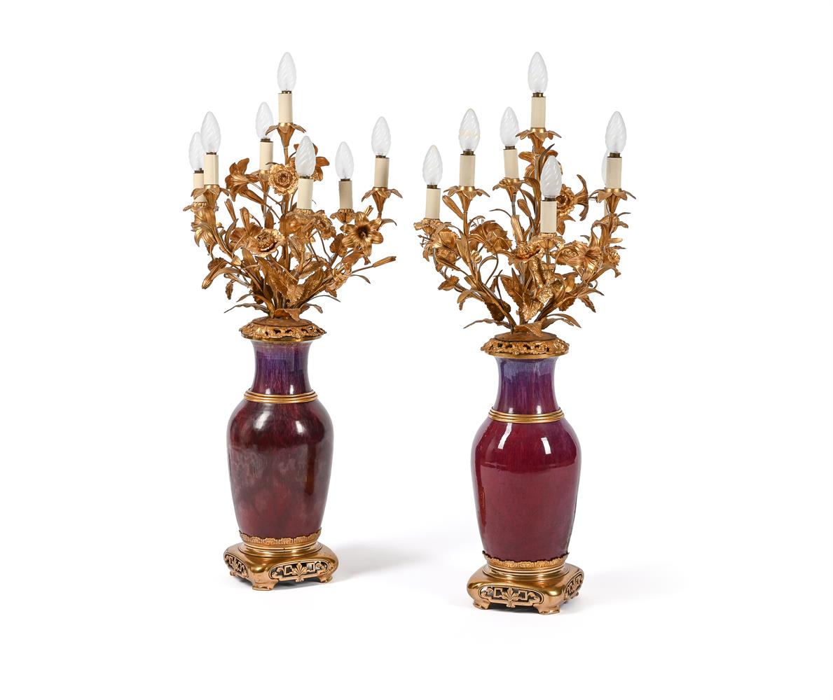A LARGE PAIR OF FRENCH ORMOLU MOUNTED CHINESE FLAMBÉ GLAZE VASE CANDELABRA, CIRCA 1890