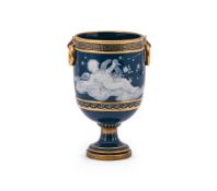 A MINTON PÂTE SUR PÂTE BLUE GROUND TWO HANDLED GOBLET, BY MARC-LOUIS SOLON, LATE 19TH CENTURY