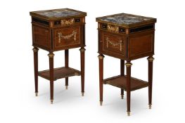 Y A PAIR OF FRENCH MAHOGANY, EBONY AND ORMOLU MOUNTED BEDSIDE CABINETS, POSSIBLY BY PAUL SORMANI