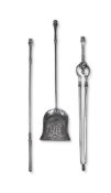 A SET OF THREE POLISHED STEEL FIRE TOOLS, 19TH CENTURY