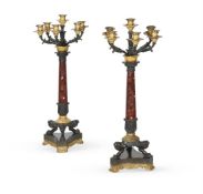 A PAIR OF FRENCH EMPIRE REVIVAL BRONZE AND ORMOLU SIX LIGHT CANDELABRA, LATE 19TH CENTURY