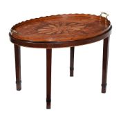A GEORGE III MAHOGANY AND MARQUETRY OVAL TRAY, CIRCA 1790