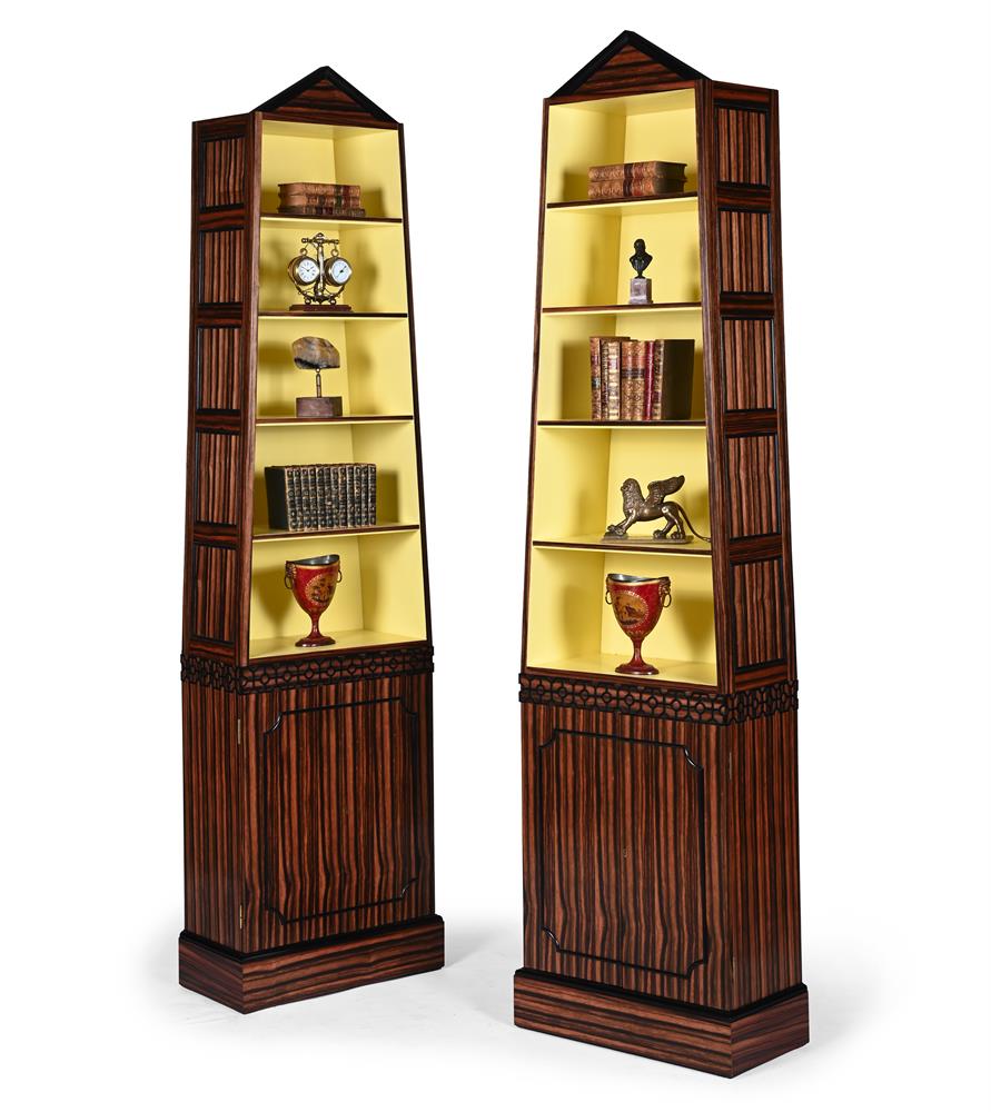 A PAIR OF COROMANDEL AND PAINTED 'OBELISK' OPEN BOOKCASES, OF RECENT MANUFACTURE