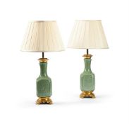 A PAIR OF CHINESE GREEN CELADON LAMP BASES, LATE 19TH CENTURY AND LATER FITTED