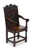 AN OAK PANEL BACK ARMCHAIR, WESTMORLAND, LAKE DISTRICT, MID 17TH CENTURY