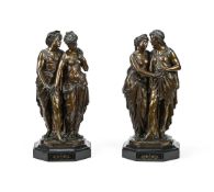 AFTER EUROPE BOURET (FRENCH 1833-1906), A PAIR OF BRONZED FIGURE GROUPS OF YOUNG LOVERS