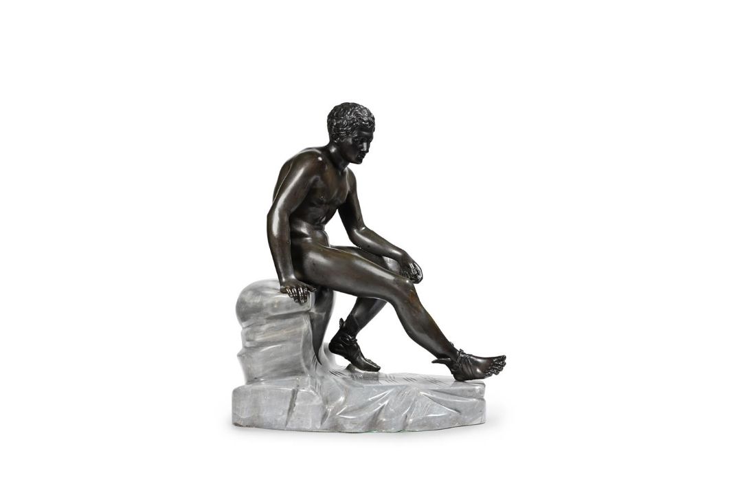 AFTER THE ANTIQUE, A BRONZE FIGURE OF MERCURY SEATED ON A MARBLE BASE, LATE 19TH CENTURY - Image 1 of 4