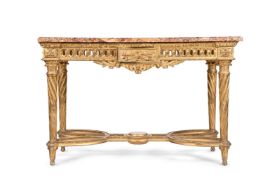 A CARVED GILTWOOD AND MARBLE MOUNTED CENTRE OR CONSOLE TABLE, BY L. DROMARD