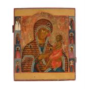 A LARGE RUSSIAN POLYCHROME PAINTED ICON OF THE VIRGIN OF KAZAN