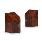 A PAIR OF GEORGE III MAHOGANY AND CHEQUER BANDED SERPENTINE FRONTED CUTLERY BOXES, CIRCA 1780