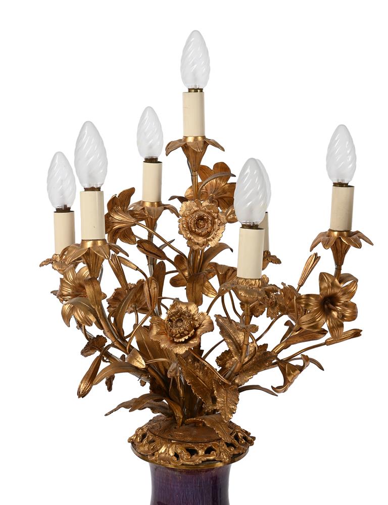 A LARGE PAIR OF FRENCH ORMOLU MOUNTED CHINESE FLAMBÉ GLAZE VASE CANDELABRA, CIRCA 1890 - Image 2 of 3