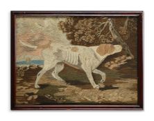 A REGENCY WOOLWORK PICTURE OF A HUNTING DOG, EARLY 19TH CENTURY
