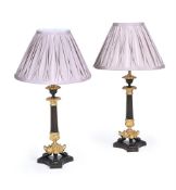 A PAIR OF FRENCH GILT AND PATINATED BRONZE LAMP BASES, SECOND HALF OF THE 19TH CENTURY AND LATER