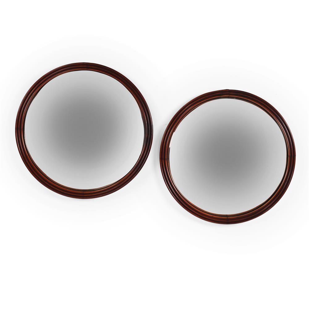 A PAIR OF UNUSUAL MAHOGANY FRAMED CONVEX MIRRORS, SECOND HALF 19TH CENTURY - Image 2 of 3