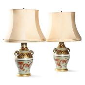 A PAIR OF CHINESE DRAGON PAINTED AND PARCEL GILT VASE LAMPS, OF RECENT MANUFACTURE