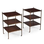 A PAIR OF BRASS AND CALAMANDER THREE TIER ETAGERES, OF RECENT MANUFACTURE