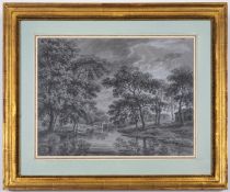 Barret the Elder (George) Moonlit view of a woodland landscape with a house and boathouse, …