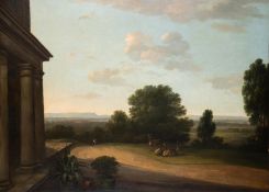 English School (18th century) Landscape with country house and deer in the foreground, oil on …