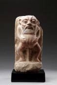 AN ANCIENT EGYPTIAN PTOLEMAIC LIMESTONE FIGURE OF THE GROTESQUE DWARF GOD 'BES', PTOLEMAIC PERIOD