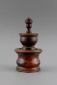 A CONTINENTAL METAL MOUNTED TURNED FRUITWOOD COFFEE GRINDER, 18TH/EARLY 19TH CENTURY