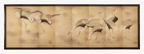 A LARGE AND IMPRESSIVE EIGHT FOLD 'BYOBU' SCREEN WITH NINE 'MANCHURIAN' CRANES, MEIJI PERIOD