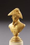 A MINIATURE REGENCY ORMOLU BRONZE BUST OF THE DUKE OF WELLINGTON (1769 - 1852) EARLY 19TH CENTURY