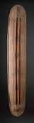 A CENTRAL AFRICAN MONGO SAKA PEOPLES LONG OVAL WICKERWORKED SHIELD, DEMOCRATIC REPUBLIC OF CONGO