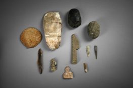 A COLLECTION OF STONE TOOLS TO INCLUDE: Large flint axe head