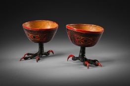 AN UNUSUAL PAIR OF SOUTH AMERICAN LACQUERED GOURD BOWLS, POSSIBLY PERU