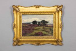 ATTRIBUTED TO KERSHAW SCHOFIELD (BRITISH 1872-1941), COTTAGE IN A HEATHER LANDSCAPE